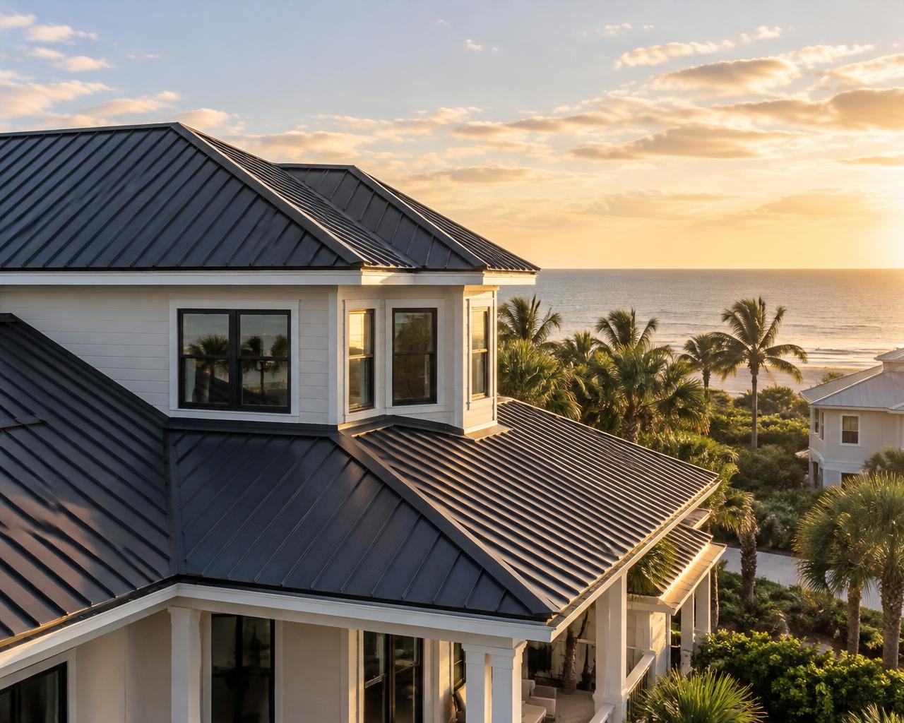 New dark metal roof on a beach house overlooking the Gulf of Mexico